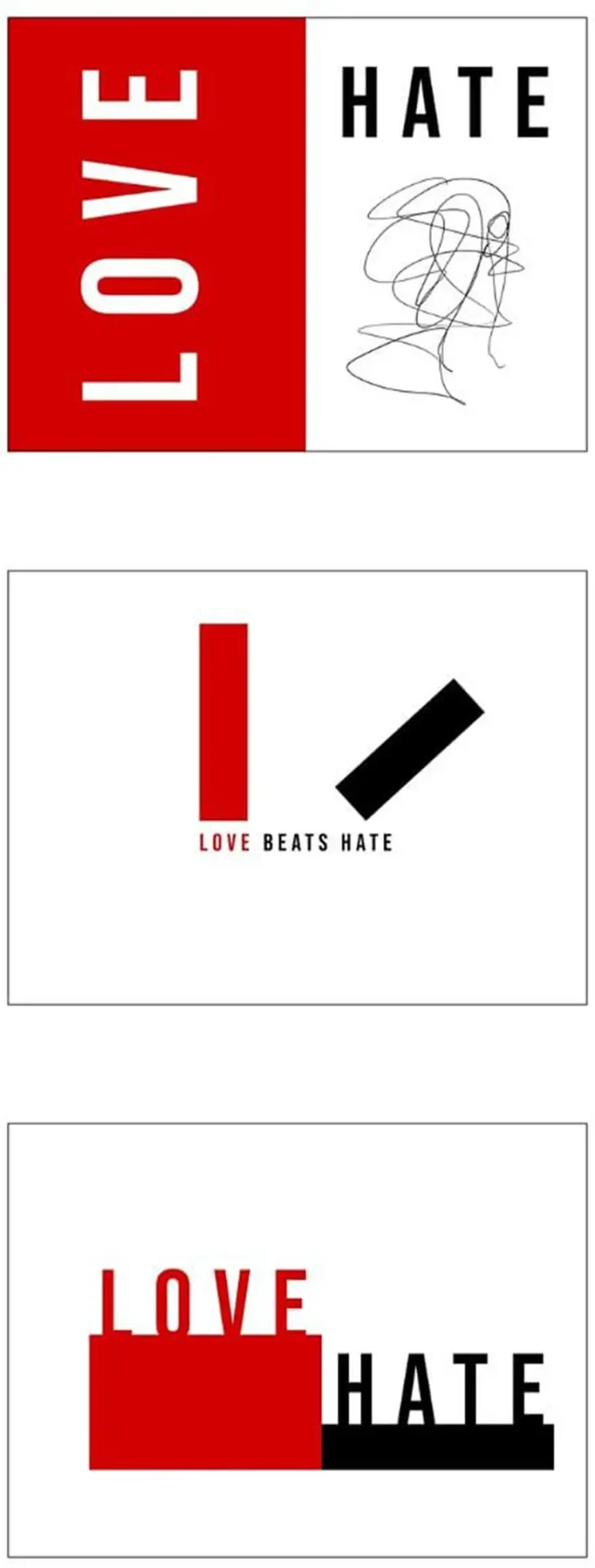 Three panes of the words Love and Hate in different juxtapositions showing love wins