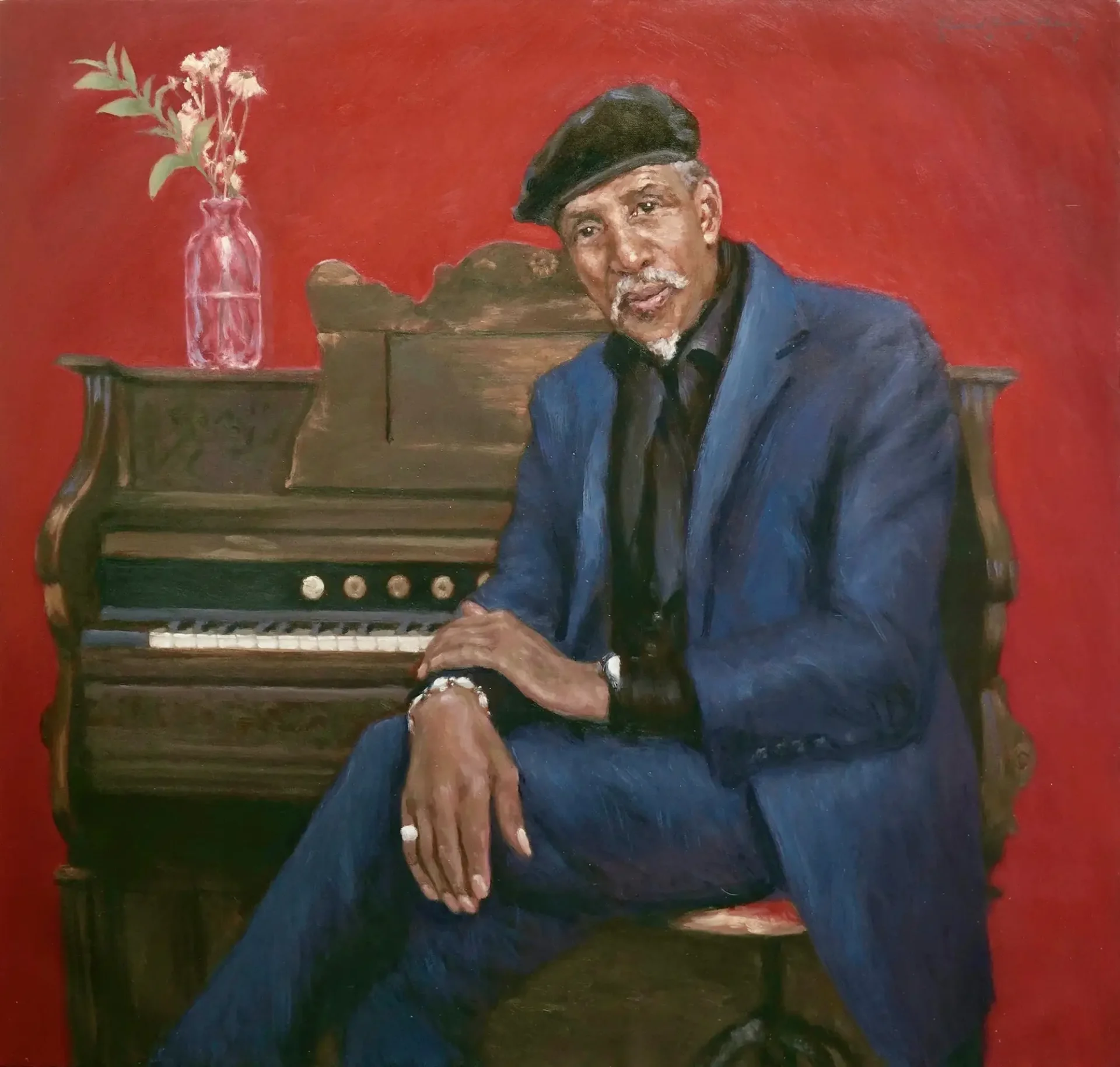 A painting of an old man sitting in front of a piano