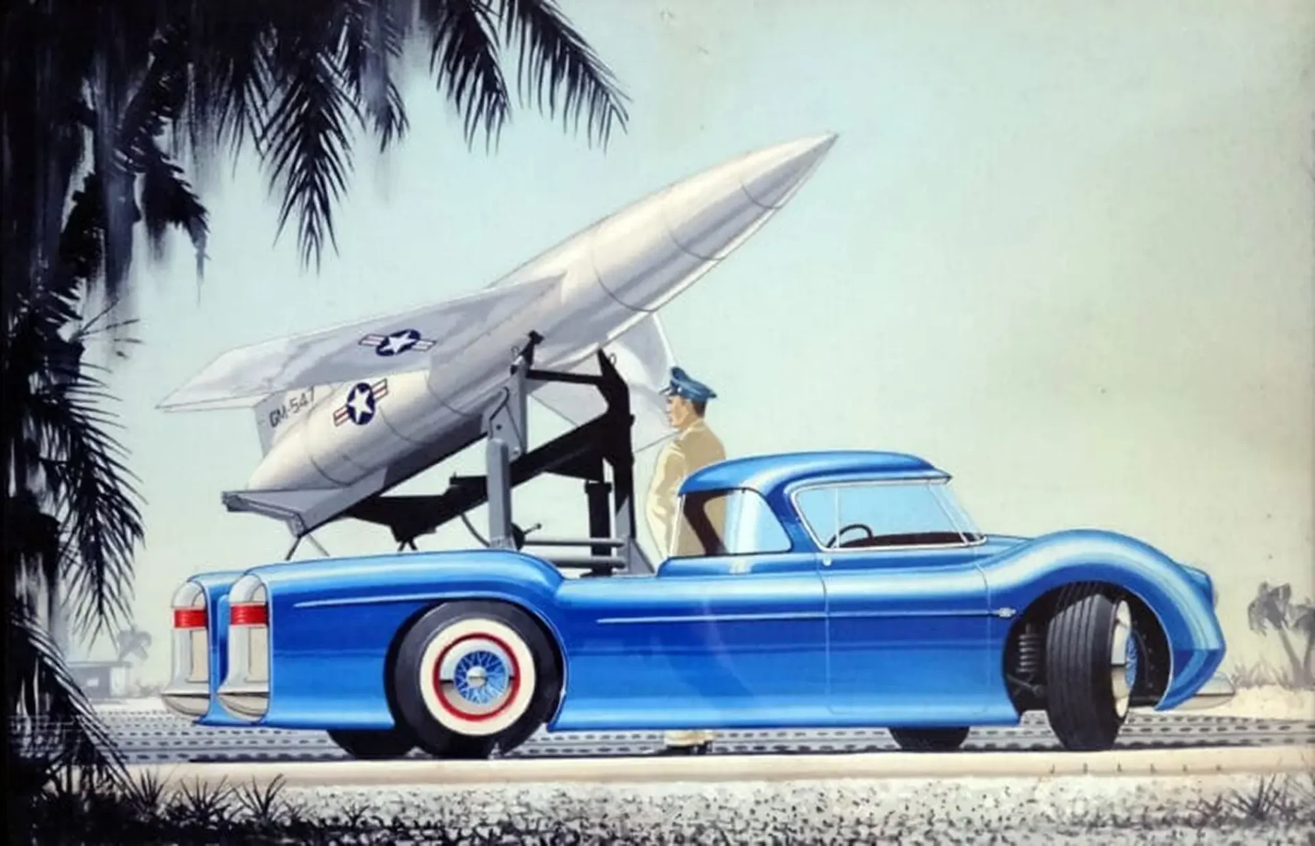 A detailed sketch of a sporty looking pickup truck with a small plane affixed to a stand in the back of the truck