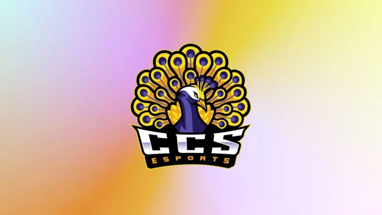 Logo for 'CCS Esports' featuring a stylized purple and white peacock with fanned yellow and purple tail feathers above blocky silver lettering.