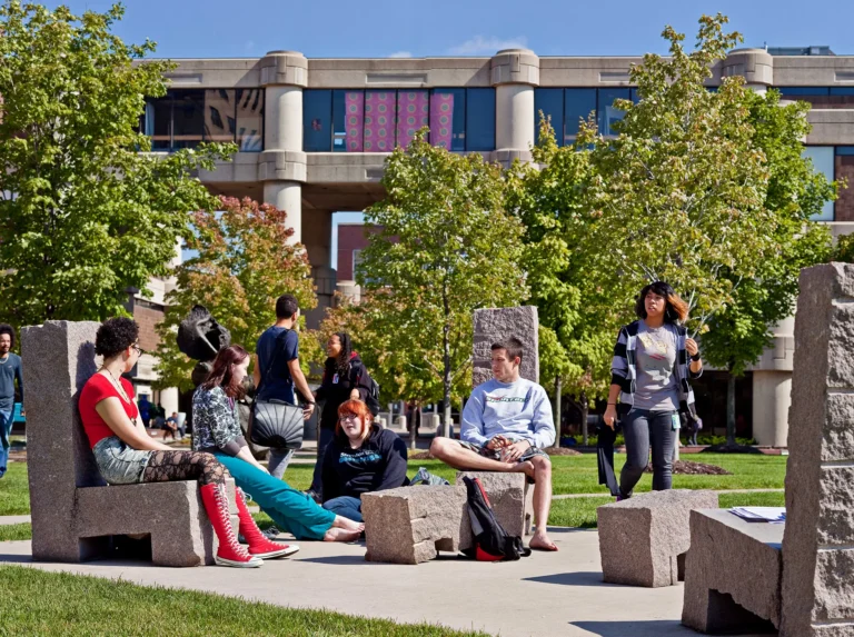 Students in the Sculpture Garden on the Ford campus.