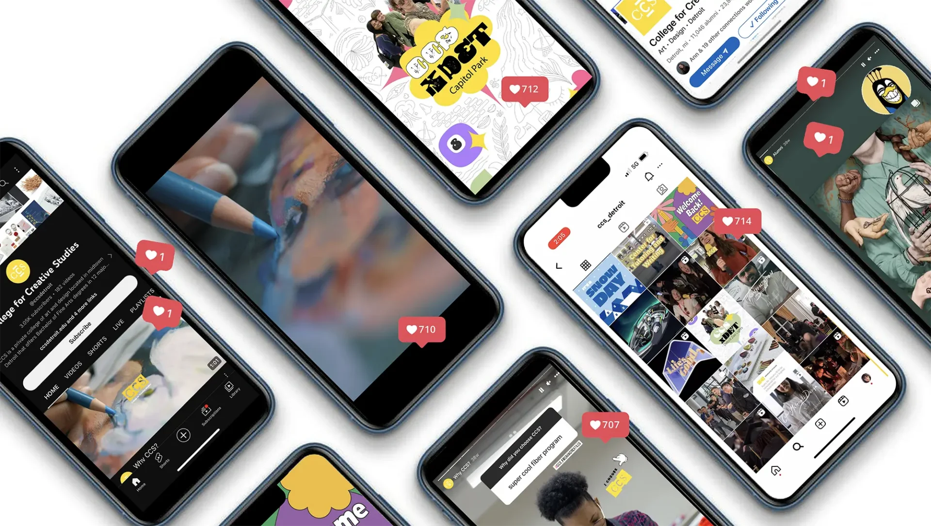 Social Media screens with fun graphics.