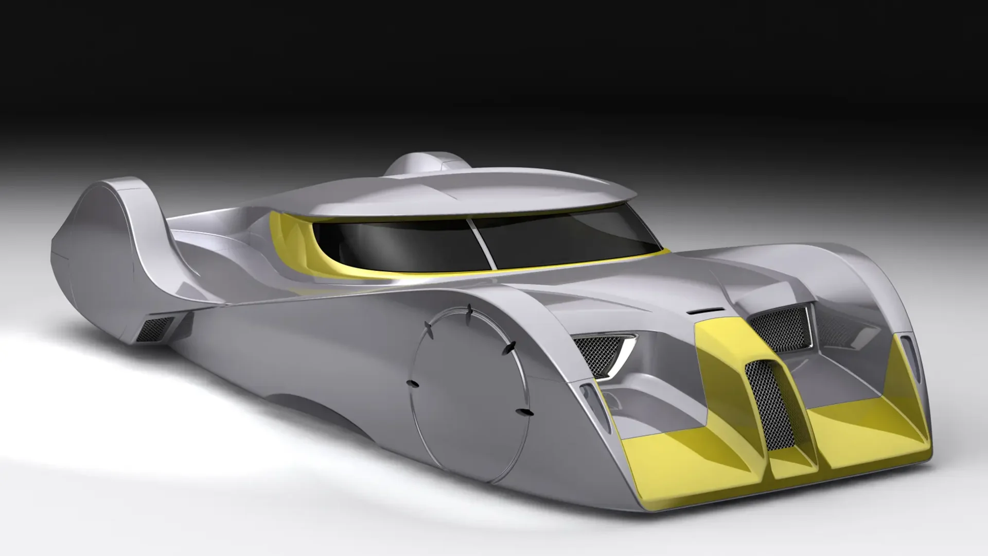 Alias rendering of a silver and yellow car.