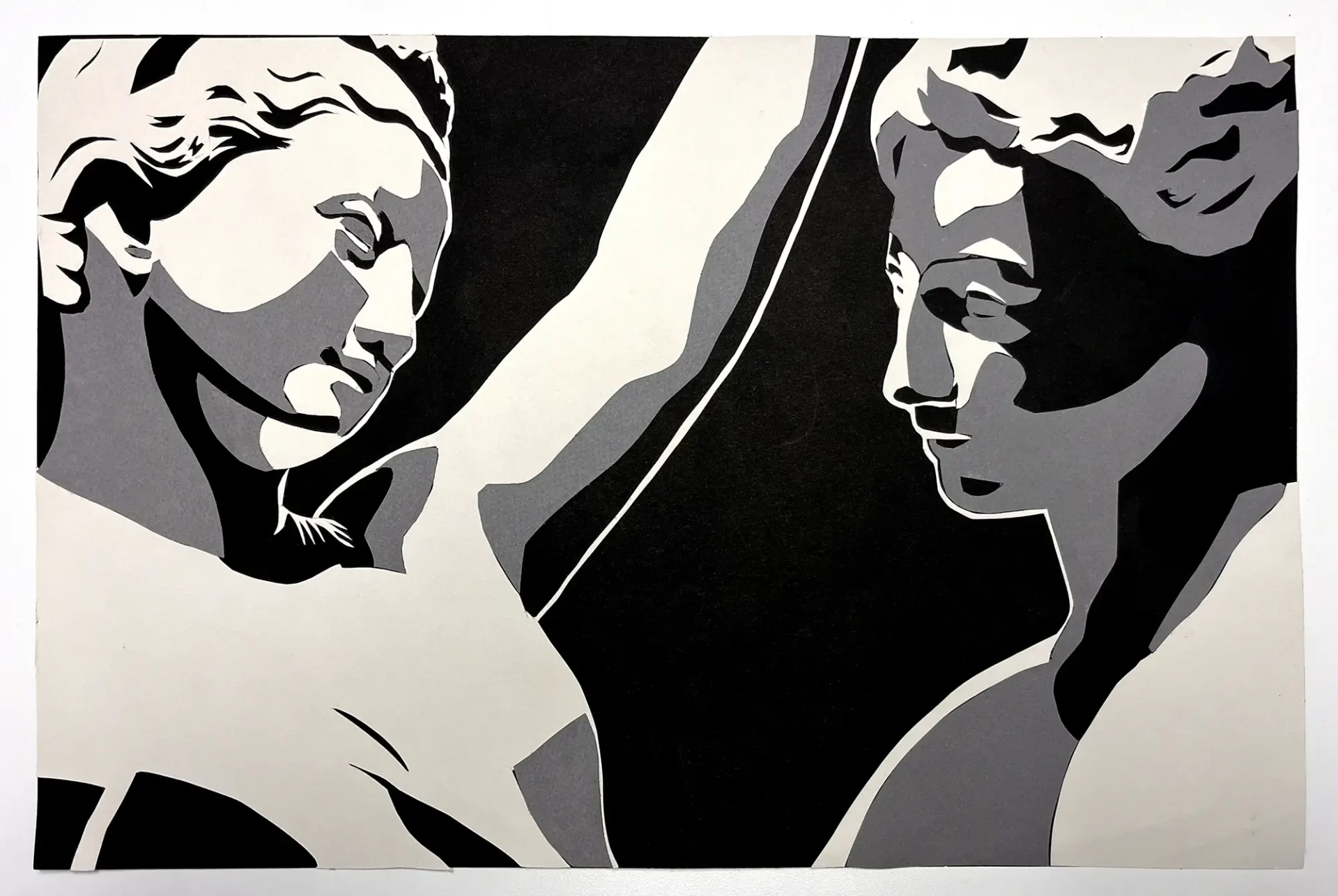 Greyscale paper collage of two Greek statues.