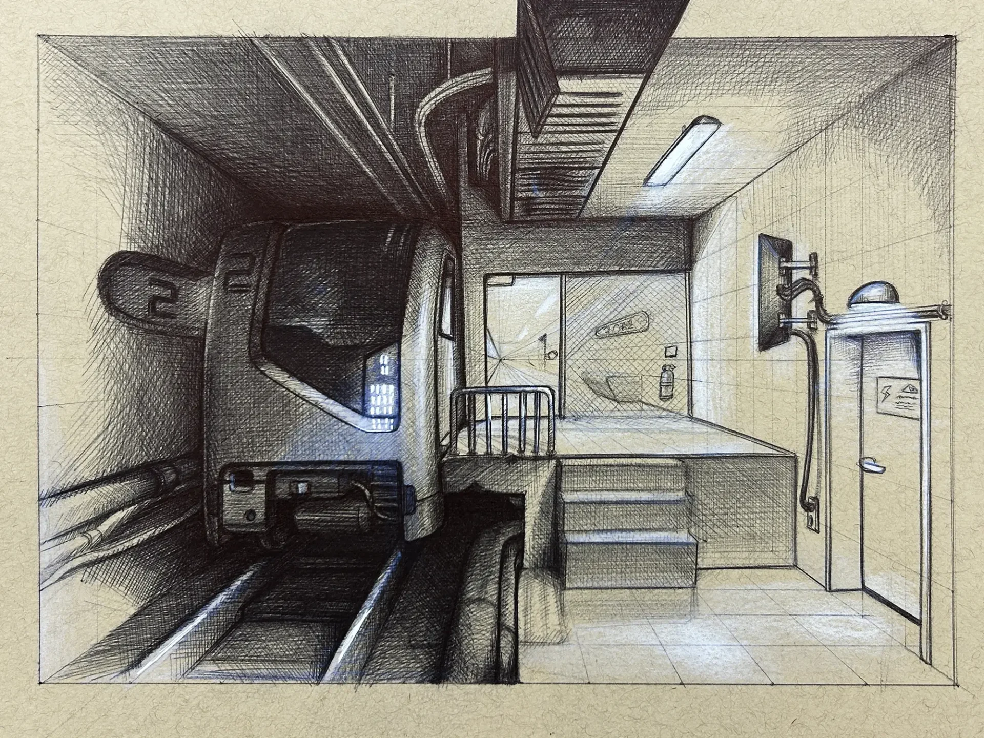 Pen and white pencil perspective drawing of a train station.