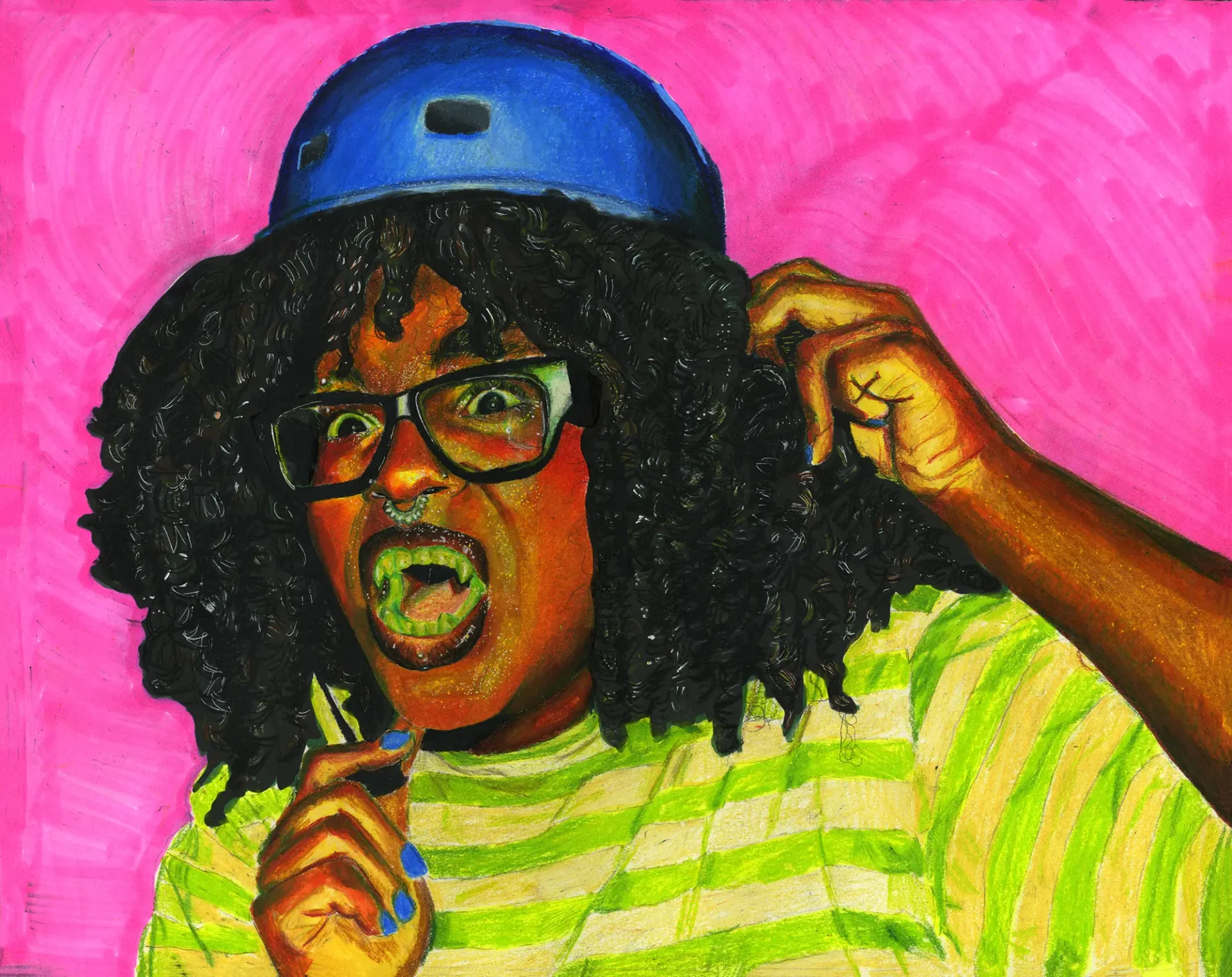 Colorful marker drawing of a young woman with plastic vampire teeth.