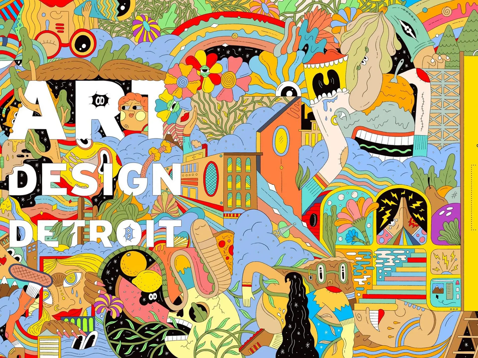 Colorful, detailed pop art collage featuring abstract shapes, characters, and the text "Art Design Detroit."