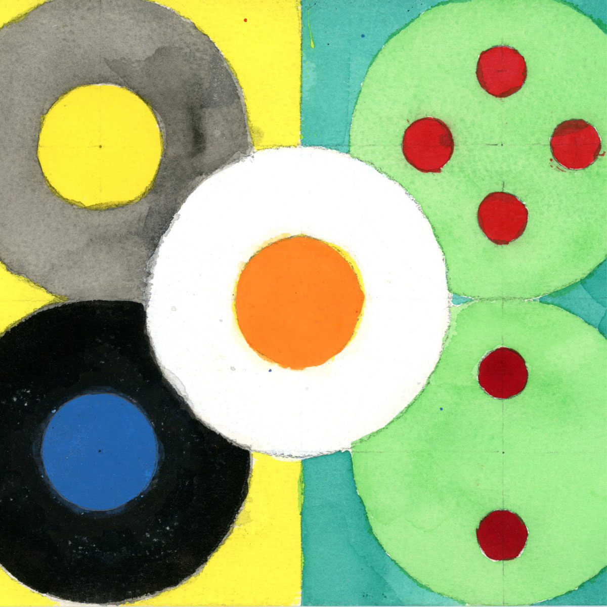 Abstract geometric artwork featuring overlapping concentric circles in vivid shades of green, yellow, black, white, orange, blue, and red.