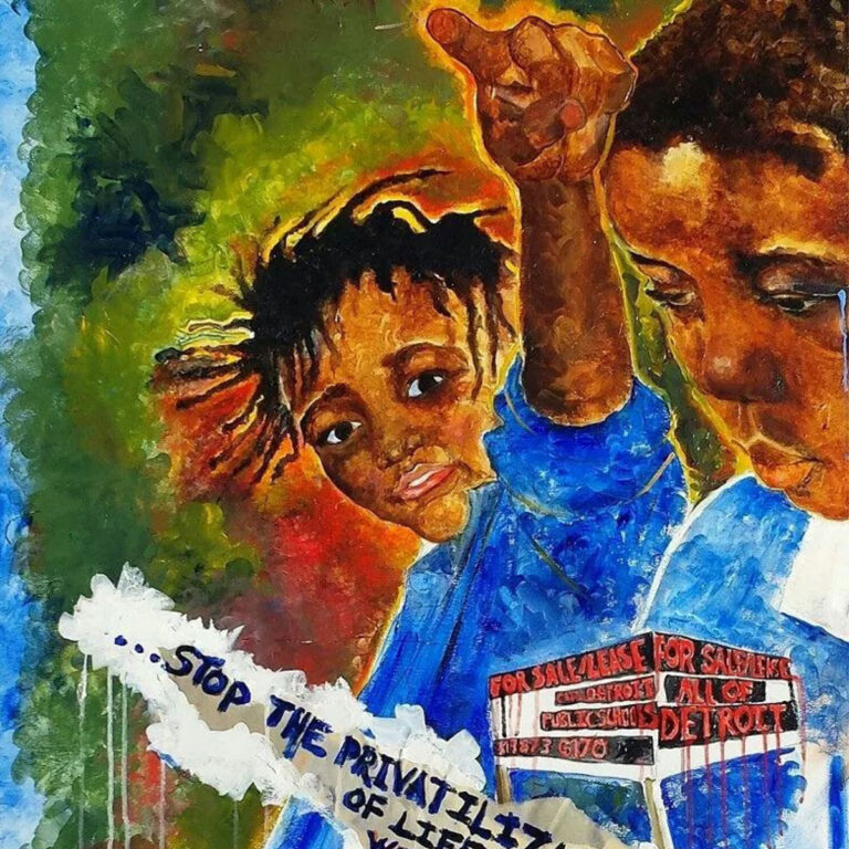 Painted illustration of Black figures protesting, featuring text that reads "...STOP THE PRIVATIZATION OF LIFE... WATER IS LIFE!" over a sign stating "FOR SALE/LEASE ALL OF DETROIT."