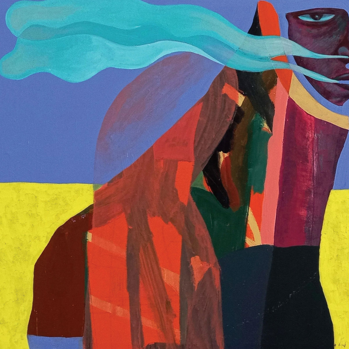 Vivid abstract painting combining geometric planes of red, green, and purple with a profile of a dark-skinned face and a flowing blue cloud against a yellow and blue background.