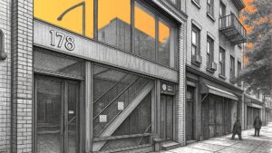 Black-and-white architectural sketch of a city street featuring a building numbered 178 with large glass windows and an orange sky.