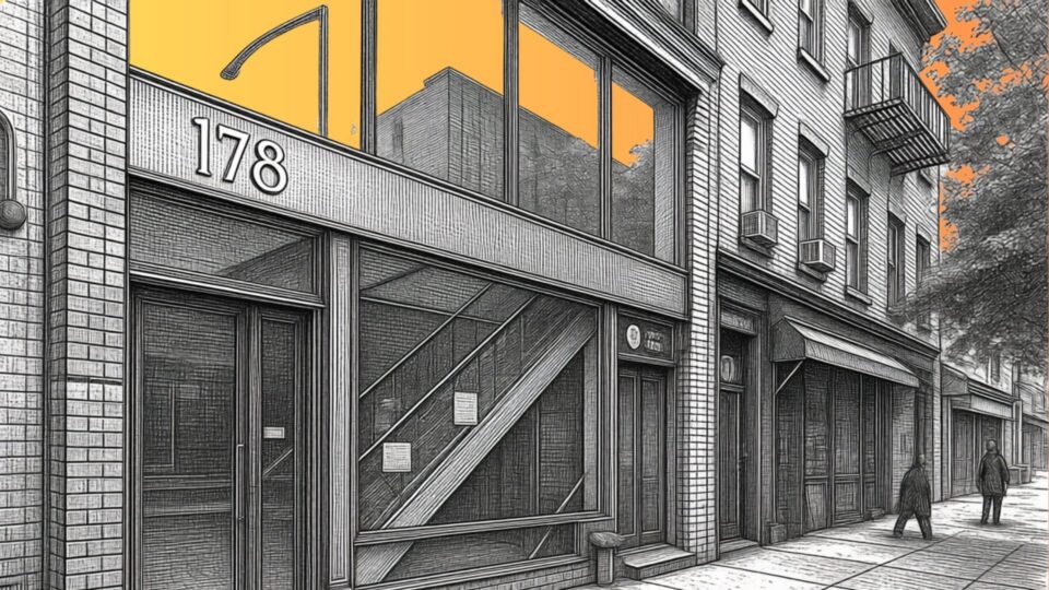 Black-and-white architectural sketch of a city street featuring a building numbered 178 with large glass windows and an orange sky.