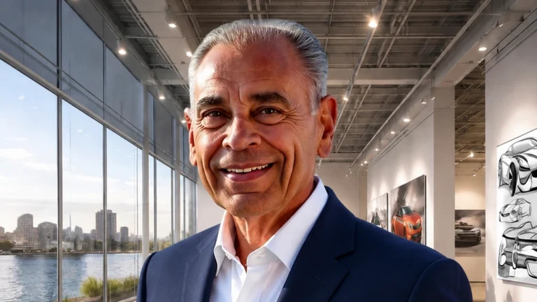 Headshot of John Manoogian, a mature man with gray hair, smiling directly at the camera. He wears a navy blue suit blazer and an open-collar dress shirt. He stands inside a spacious, modern studio gallery with large glass windows overlooking a waterfront city, with automotive design sketches mounted on the walls behind him.