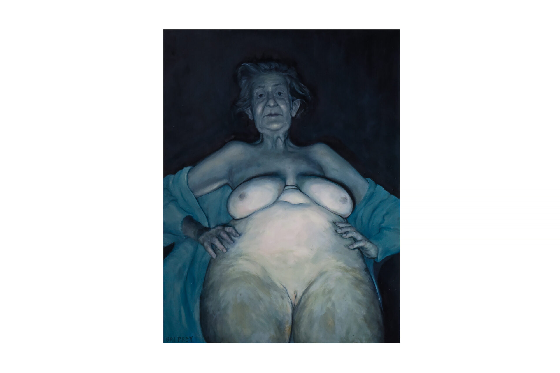 A dramatically lit painting of a naked older woman looking down. She has her robe draped over her shoulders and arms