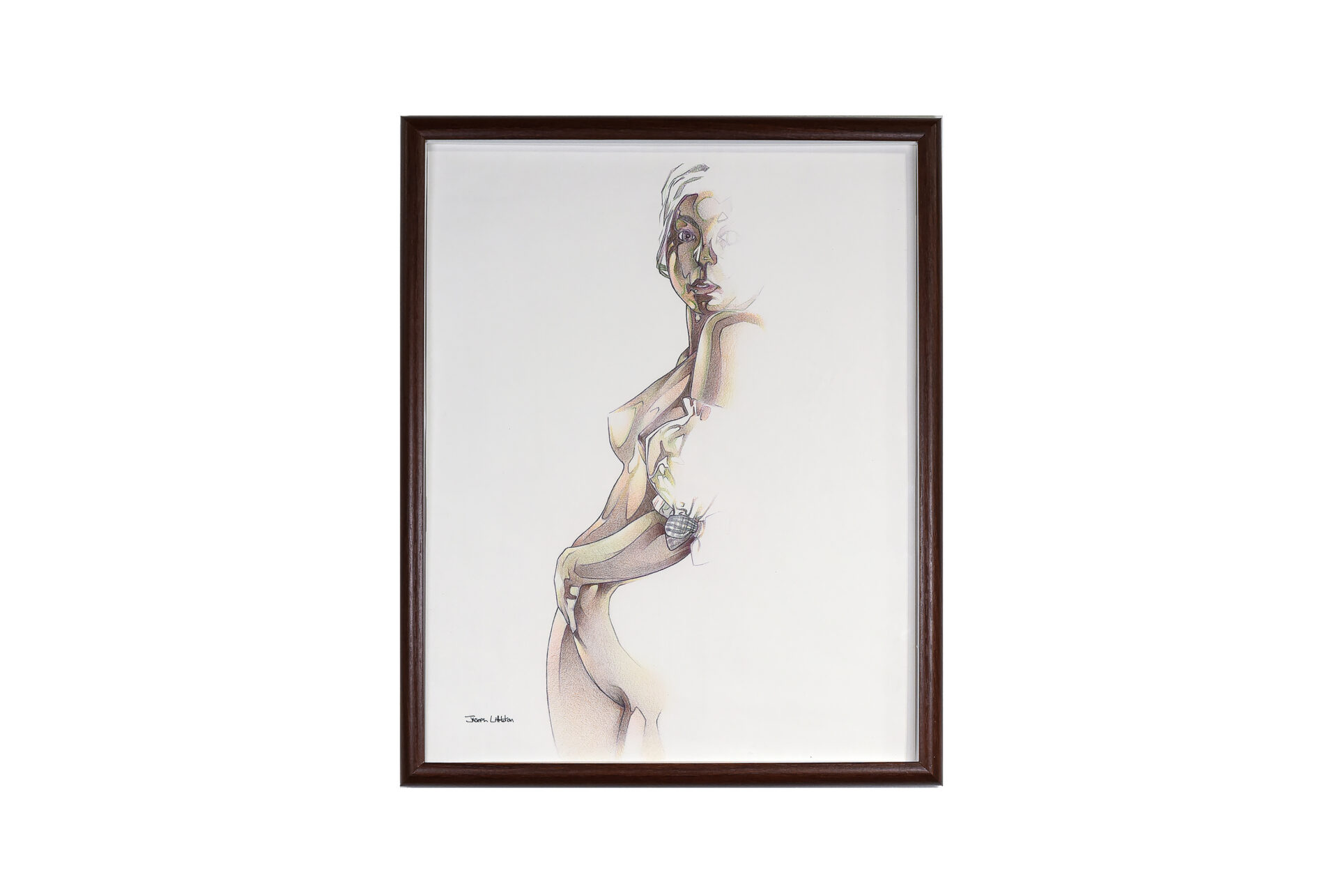 Framed drawing of a standing female figure in profile against a plain white background, rendered in soft sketch lines and muted tones.