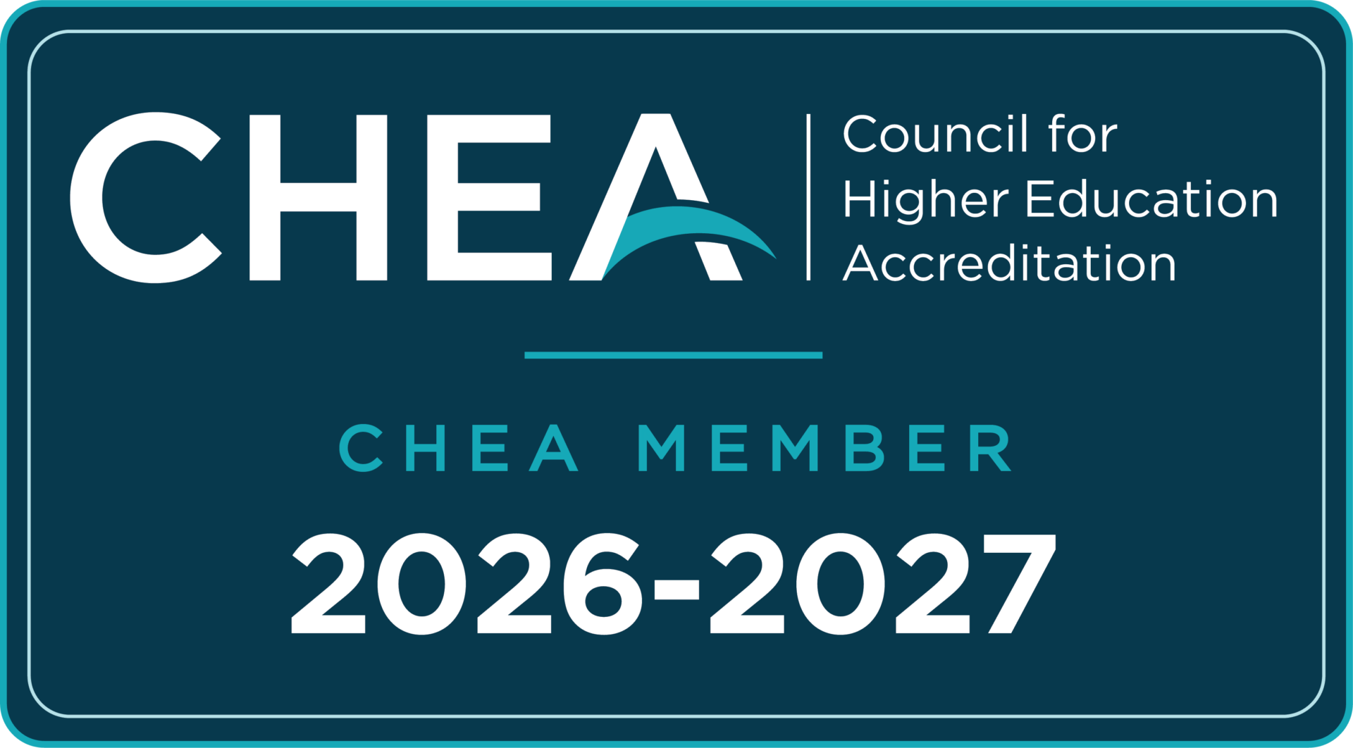 Dark blue rectangular badge displaying the white and teal logo for the Council for Higher Education Accreditation (CHEA) with the text "CHEA MEMBER 2026-2027.